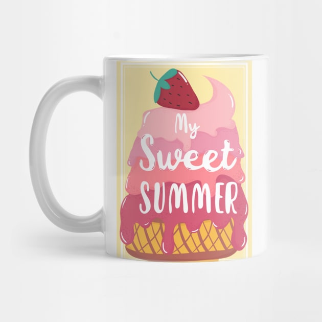 My sweet summer strawberry pink pastel melted ice cream waffle cone cute graphic illustration by Janatshie